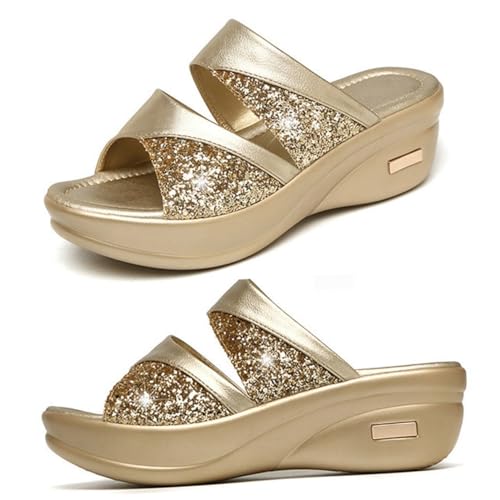 WATIIFUFU Damen Sommer Slipper mit Dicker Keilsohle Fischmaul design Goldene Casual Sandalen Bequeme Outdoor Schuhe für Frauen Rutschfest Modische Mutter Schuhe von WATIIFUFU