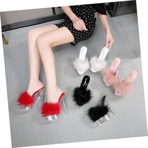 WATIIFUFU Fluffy High Heel Slippers Damen Thin Heel Sandalen Komfortabel Sommer Flauschige Schuhe Transparent Schwarze von WATIIFUFU