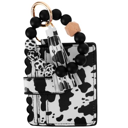 WATIIFUFU Damen Geldbörse Mit Schlüsselanhänger Und Perlen Mittelgroße Clutch Im Kuhmuster Elegante Brieftasche Für Karten Und Münzen Stilvolles Accessoire Für Frauen Und Mädchen von WATIIFUFU