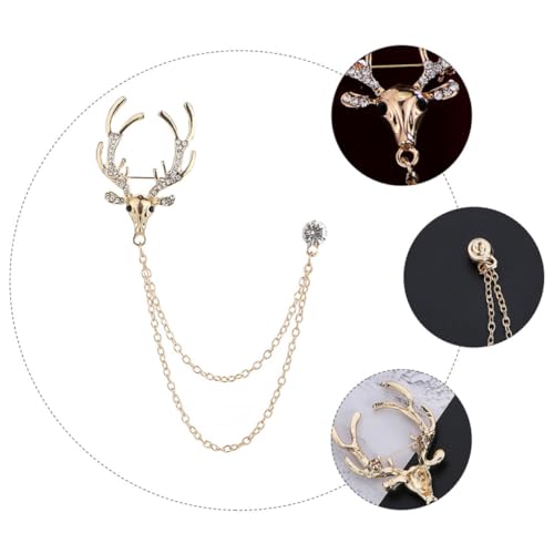WATIIFUFU Modische Herren Brosche mit Geweih und Kette Goldfarbene Anstecknadel für Anzug Eleganter Brustpin mit Strass für Hochzeit Büro und Festliche Anlässe von WATIIFUFU