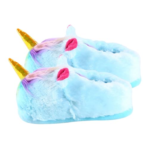 WATIIFUFU Plüsch Einhorn Hausschuhe Damen Herren Warme Baumwoll Pantoffeln für Herbst Winter Weiche slipper Rutschfest Angenehm für Zuhause und Freizeit Einheitsgröße Hellblau von WATIIFUFU