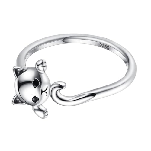WATIIFUFU Sterling Silber Offener Damenring mit Niedlichem Katzenmuster Verstellbarer Schmuck Modisches Design Kreativer Fingerring Perfektes für Katzenliebhaber von WATIIFUFU