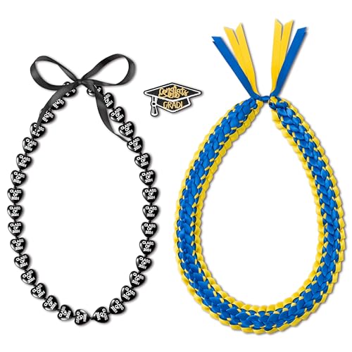 WATINC 2Pcs Graduation Kukui Nut Leis Necklaces - 2024 Graduation Band Lei geflochtene Halskette Chunky Perlen Halsketten, Sie Ihn Congrats Grad Geburtstag Geschenk für Party Favors (Blau Gold) von WATINC