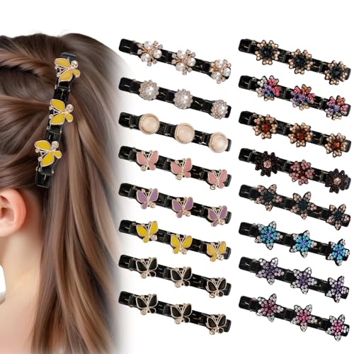 WATUNID Haarspangen mit funkelnden Kristallsteinen, geflochtene Strass-Perlen, vierblättriges Kleeblatt, Rose, Blume, doppellagig, mit 3 kleinen Clips, Haarschmuck für Damen und Mädchen, 16 Stück von WATUNID