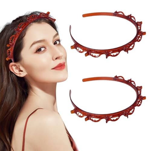 2 Stück Haarreif mit Klammern, Haargummis mit Clips, Stirnband mit Zahnstirnband Braid Tool, Frisurenhilfe für Frauen und Mädchen Lange und Kurze Frisuren (Rot) von WAVATA