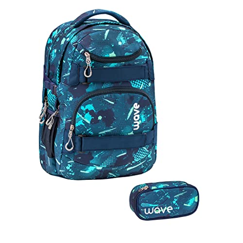 Wave Infinity Blau Grün Schulrucksack Set 2 - teilig mit Laptopfach Tabletfach / 43 x 31 x 22 cm / 30 Liter/Unisex Jungen Mädchen/Rucksack Daypack (338-72/A Set1 Fantasy) von Wave