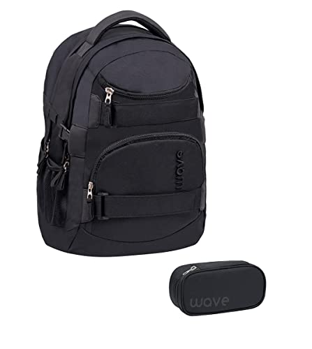 Wave Infinity Schulrucksack Set 2 - teilig mit Laptopfach Tabletfach / 43 x 31 x 22 cm / 30 Liter/Unisex Jungen Mädchen/Rucksack Daypack (338-72/A Set1 Posh Black) von Wave