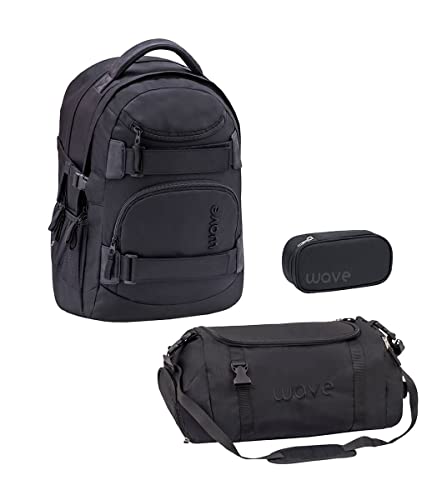 Wave Infinity Schulrucksack Set 3 - teilig mit Laptopfach Tabletfach / 43 x 31 x 22 cm / 30 Liter/Unisex Mädchen Jungen/Rucksack Daypack Grün (338-72/A Set2 Posh Black) von Wave