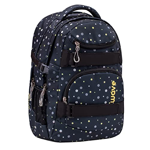 Wave Infinity Schwarz Schulrucksack mit Laptopfach Tabletfach/Brustgurt Hüftgurt / 43 x 31 x 22 cm / 30 Liter/Mädchen/Rucksack Daypack (338-72/A Black and Yellow Dots) von Wave