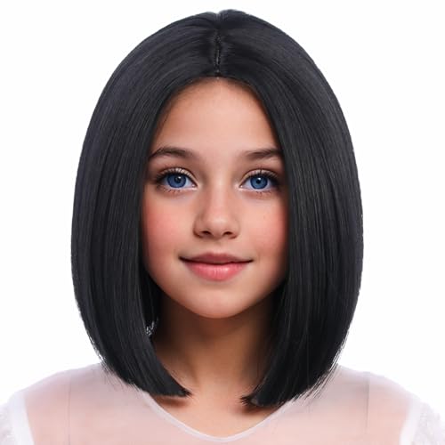 Schwarze Perücke für Mädchen, schwarze Bob-Perücke, kurze Bob-Perücke für Mädchen, Mittelscheitel, synthetische Perücken mit Perückenkappe Schwarze Perücke für Mädchen, schwarze Bob-Perücke, kurze Bob-Perücke für Mädchen, Mittelscheitel, synthetische Perücken mit Perückenkappe von WAVELNM