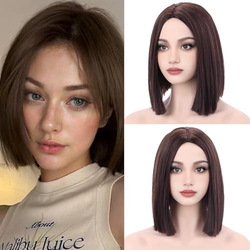 WAVELNM Braune Perücke für Damen, Bob, kurz, gerade, braune Perücke, Mittelteil, synthetisch, hitzebeständig von WAVELNM