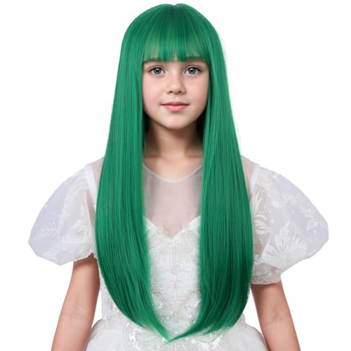 Wavelnm Grüne Perücke mit Pony, für Mädchen, 55,9 cm, dunkelgrün, lange und gerade Perücke für Mädchen, synthetische grüne Perücke mit natürlicher grüner Kappe von WAVELNM