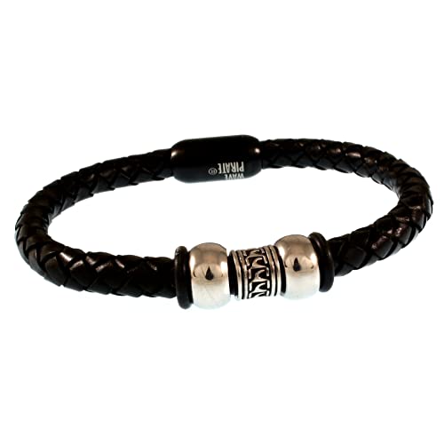WAVEPIRATE® Echt Leder-Armband ATOLL F Schwarz/Sw 18 cm Edelstahl-Verschluss in Geschenk-Box Surfer Männer Herren von WAVEPIRATE