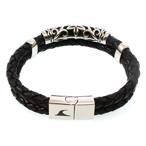 WAVEPIRATE® Echt Leder-Armband XO F Schwarz 22 cm Edelstahl-Parts in Geschenk-Box Surfer Männer Herren von WAVEPIRATE