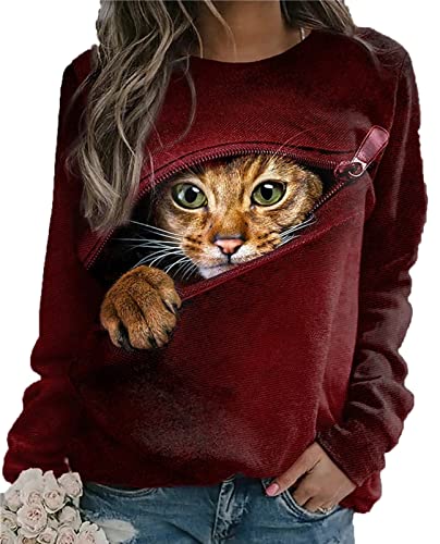 Frauen süße Katze 3D bedrucktes T-Shirt Lässige Langarm Rundhals Tops Pullover Sweatshirt von WAVOTIQ