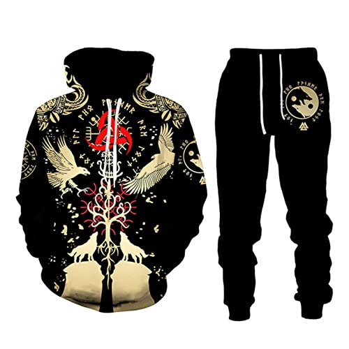 WAVOTIQ 3D Gedruckter Trainingsanzug 2-teiliges Set für Männer Viking Tattoo Hoodies Jogger Set Lässiges Sportbekleidungs-Set mit Kapuze von WAVOTIQ