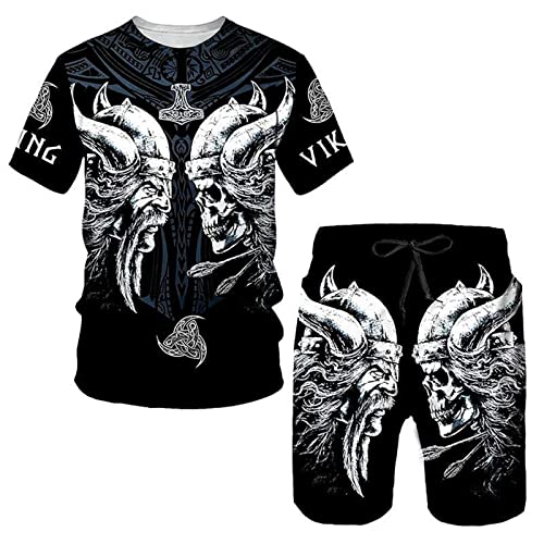 WAVOTIQ Herren Sommer Trainingsanzug 3D Viking Warrior Bedrucktes T-Shirt und Shorts Set Sommeroberteile und Hosen Set Hip Hop Sportanzug von WAVOTIQ