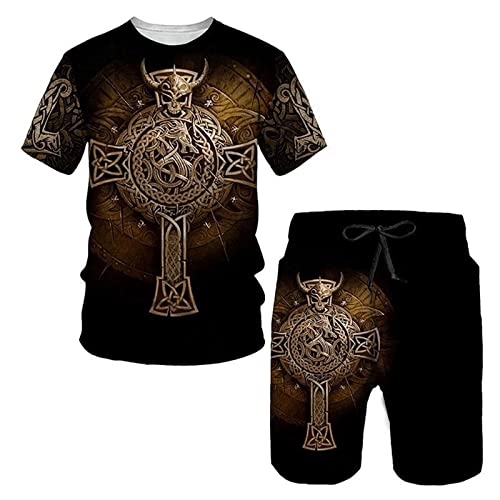 WAVOTIQ Herren Sommer Trainingsanzug 3D Viking Warrior Bedrucktes T-Shirt und Shorts Set Sommeroberteile und Hosen Set Hip Hop Sportanzug von WAVOTIQ