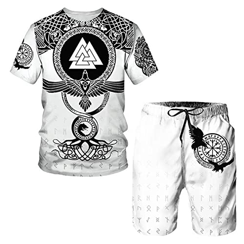 WAVOTIQ Herren Sommer Trainingsanzug 3D Viking Warrior Bedrucktes T-Shirt und Shorts Set Sommeroberteile und Hosen Set Hip Hop Sportanzug von WAVOTIQ