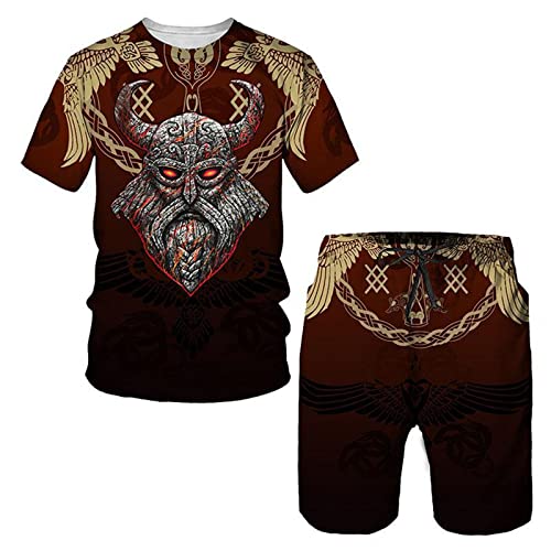 WAVOTIQ Herren Sommer Trainingsanzug 3D Viking Warrior Bedrucktes T-Shirt und Shorts Set Sommeroberteile und Hosen Set Hip Hop Sportanzug von WAVOTIQ