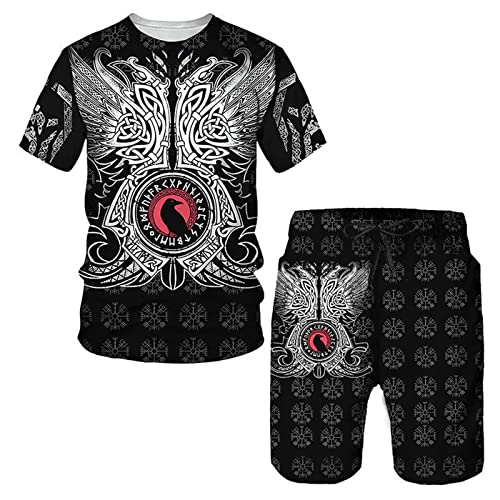 WAVOTIQ Herren Sommer Trainingsanzug 3D Viking Warrior Bedrucktes T-Shirt und Shorts Set Sommeroberteile und Hosen Set Hip Hop Sportanzug von WAVOTIQ