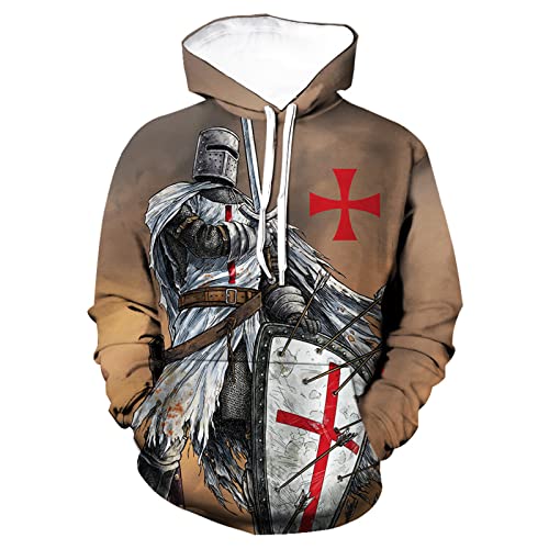 WAVOTIQ Herren Tempelritter 3D-gedrucktes Hoodies-Sweatshirt Mittelalterliche Kreuzritter-Rüstung Kordelzug-Pullover mit Kapuze und Tasche von WAVOTIQ