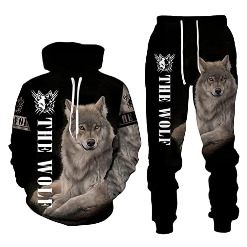 WAVOTIQ Herren-Trainingsanzug, 2-teiliges Set Viking Wolf 3D-bedruckter Hoodie und Jogger-Hosen-Set Lässiges Sportbekleidungs-Set mit Kapuze von WAVOTIQ