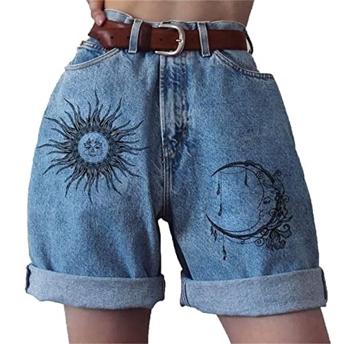 WAVOTIQ Lässige Jeans-Shorts für Damen dehnbar gefalteter Saum hohe Taille Denim-Shorts Sommer lässige Totenkopf-Grafik Cowboy-Shorts von WAVOTIQ