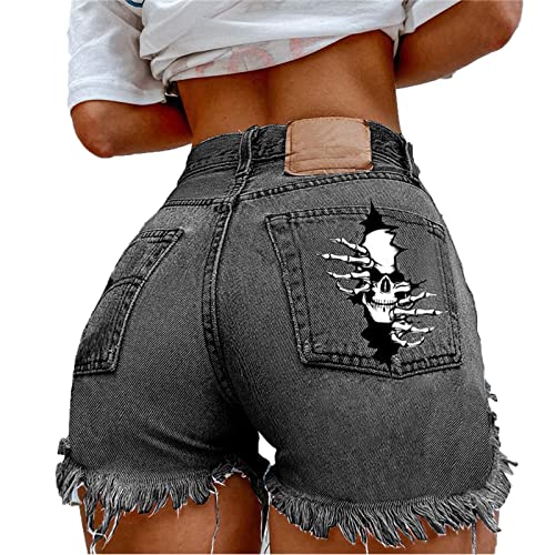 WAVOTIQ Lässige Jeans-Shorts für Damen zerrissener Saum hohe Taille Denim-Shorts Sommer lässig Totenkopf-Grafik Cowboy-Shorts Punkrock Skinny Denim Hot Pants von WAVOTIQ