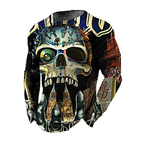 WAVOTIQ Langarm-T-Shirt mit Totenkopf-Print für Herren Gothic Skull 3D-Gedruckter Rundhals-T-Shirt Pullover Sportoberteile von WAVOTIQ