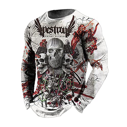 WAVOTIQ Langarm-T-Shirt mit Totenkopf-Print für Herren Gothic Skull 3D-Gedruckter Rundhals-T-Shirt Pullover Sportoberteile von WAVOTIQ