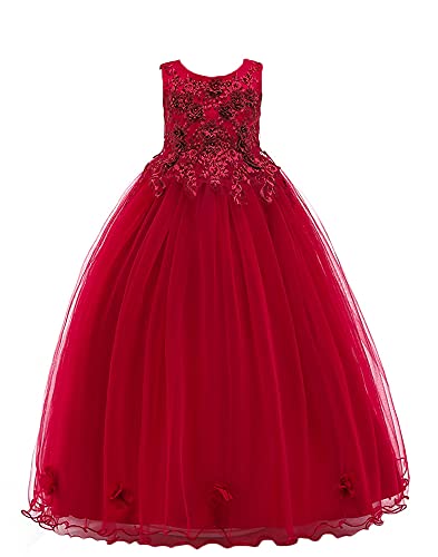 WAWALI Blumen Mädchen Kleider für Hochzeit Teenager Exquisite Spitzenkleid Formale Geburtstagsfeier Ballkleider 4 Burgund von WAWALI