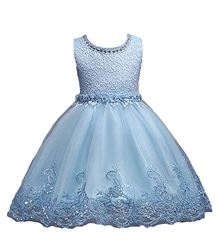 WAWALI Mädchen Perlen Lacework Kinder Prinzessin Kleid Hochzeit Festzug Blumenmädchen Spitzen Kleider 6 Blau von WAWALI