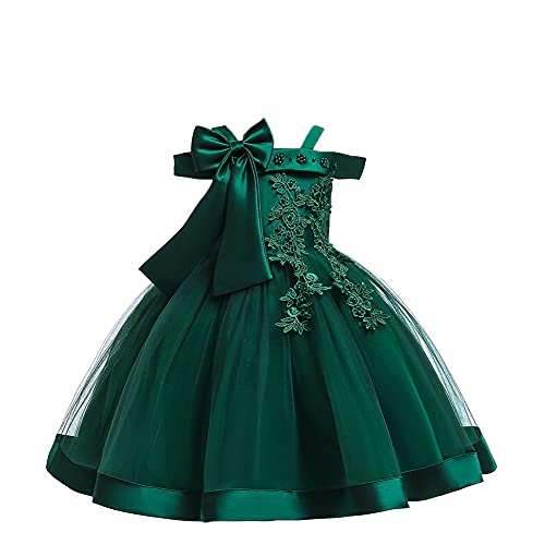 WAWALI Perlen Blumen Träger Schulterfrei Mädchen Formal Prinzessin Kleid Rock Elegante Kinder Mädchen Kleid Alter 9-10 Jahre Dunkel Grün von WAWALI