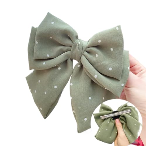 Haarspangen, Schleife, Haarschmuck, Kopfschmuck, Studenten-Haarnadel, Hinterkopf-Haarnadel, dreilagige Blumen-Chiffon-Entenschnabel-Clip, fruchtgrüne und weiße Punkte [Entenschnabel-Clip] von WAWPU