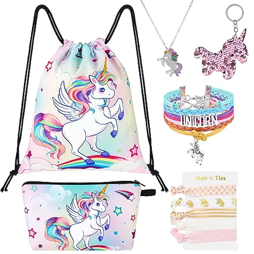 10 PCS Einhorn Turnbeutel mit Kordelzug Set - Regenbogen Einhorn Kordelzug Tasche für Mädchen Kordelzug Tasche Geschenke Kosmetiktasche Schlüsselanhänger Armband Halskette Haarbänder Kinder Mädchen von WAWSAM