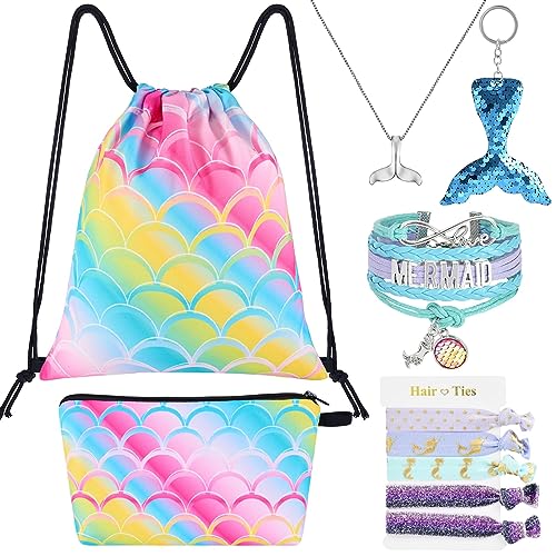 10 PCS Meerjungfrau Turnbeutel mit Kordelzug Set - Meerjungfrau Kordelzug Tasche für Mädchen Kordelzug Tasche Geschenke Kosmetiktasche Schlüsselanhänger Armband Halskette Haarbänder Kinder Mädchen von WAWSAM