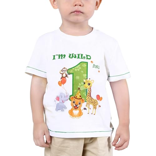 Baby Junge 1. Geburtstag T Shirt - Waldtiere Geburtstag Partyzubehör Kurzarm Ich Bin wild und 1 EIN Jahr Dschungel Geburtstagsfeier 100% Baumwolle gedruckt T-Shirt Geschenk (Weiß, 90) von WAWSAM