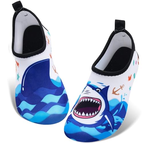 Kinder Jungen Wasser Aqua Schuhe Schnell trocken Barfuß Dinosaurier Socken Badeschuhe für Strand (Weiß, Toddler, Numeric_32, Numeric_Range, eu_Footwear_Size_System, Numeric_33, medium) von WAWSAM