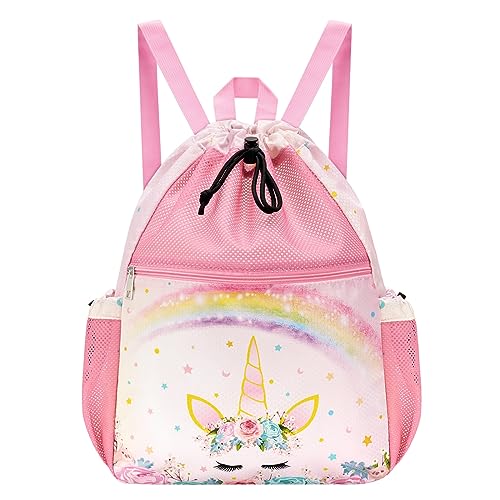 Kinder Mesh Rucksack - Einhorn Kordelzug Rucksack für Mädchen Mesh Gym Bag mit Reißverschluss Tasche Kinder Turnbeutel für Schwimmen Yoga Reisen von WAWSAM