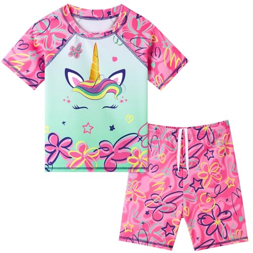 Mädchen Badeanzug Kinder Zweiteiliger Kurzarm Badeanzug UPF 50+ UV Rash Guard Set für Sommer Strand Schwimmen, rosarot, 100 cm von WAWSAM