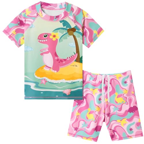 Mädchen Badeanzug Kinder Zweiteiliger Kurzarm Badeanzug UPF 50+ UV Rash Guard Set für Sommer Strand Schwimmen, rose, 120 cm von WAWSAM