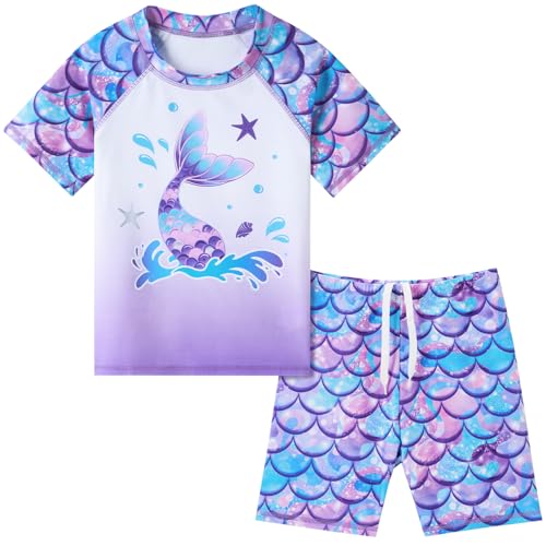 Mädchen Badeanzug Kinder Zweiteiliger Kurzarm Badeanzug UPF 50+ UV Rash Guard Set für Sommer Strand Schwimmen, violett, 120 cm von WAWSAM