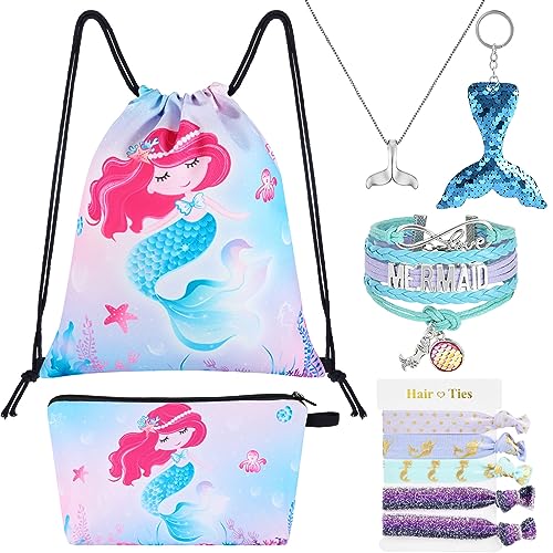 WAWSAM 10 PCS Meerjungfrau Drawstring Rucksack Set - Kleine Meerjungfrau Geschenke für Mädchen Drawstring Tasche Kosmetiktasche Schlüsselanhänger Armband Halskette Haarbänder Mädchen Turnbeutel von WAWSAM