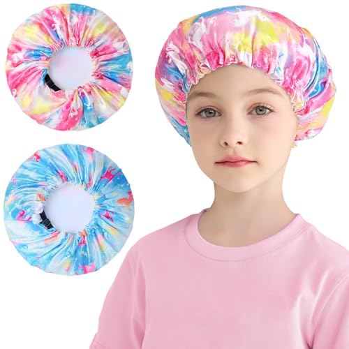 WAWSAM 2 Stück Einhorn Kinder Schlafhaube, Verstellbares Gummiband Satin-Mütze, Haube zum Schlafen für Mädchen mit Locken weich und elastisch zum Schlafen Schlafmütze für 2-8 Jahre Kinder von WAWSAM