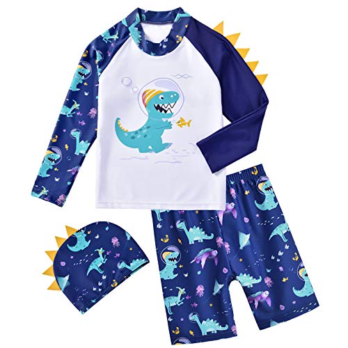 WAWSAM Baby Jungen Badebekleidung Jungen Schwimmanzug Dinosaurier 3 Peciis Rashguard Baby schutzkleidung Kleinkind Jungen Badeanzug mit Hut Zweiteiler von WAWSAM