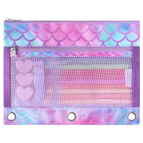 WAWSAM Bleistift Beutel 3 Ring Meerjungfrau Federmäppchen Binder Federtaschen für Mädchen Federmäppchen mit Reißverschluss Binder Dokumententasche Binder Pouches Durchsichtiges Fenster von WAWSAM