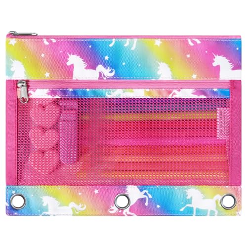 WAWSAM Bleistift Beutel 3 Ring Einhorn Federmäppchen Binder Federtaschen für Mädchen Federmäppchen mit Reißverschluss Binder Dokumententasche Binder Pouches Durchsichtiges Fenster von WAWSAM
