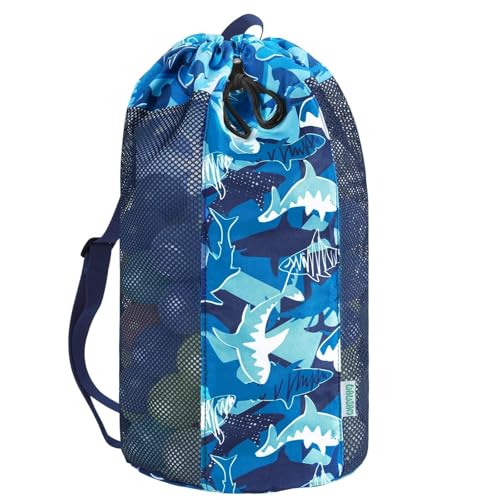 WAWSAM Hai Tasche Netztasche für Kinder Strandrucksack mit Kordelzug Balltasche Gymsack Große Sporttasche für den Strand Strandtasche Strandspielzeug Turnbeutel von WAWSAM
