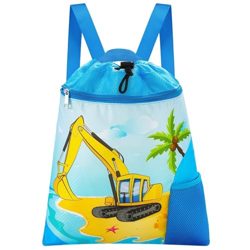 WAWSAM Kordelzug Rucksack Kinder - Bagger Wasserdicht Turnbeutel String-Rucksack für Jungen Sport Schule Strand Reisen Schwimmen Sportbeutel mit Reißverschlusstasche Wasserflasche Tasche von WAWSAM